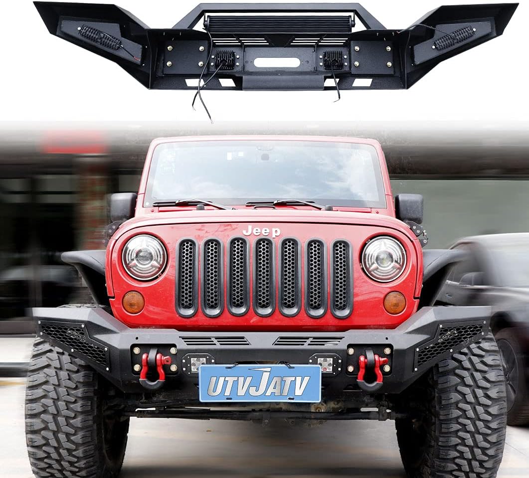 UTVJATV Front Bumper Fits 2007-2018 Jeep Wrangler JK&2018-2022 Wrangler JL&2020-2022 Jeep Gladiator,Full Width bumper protector with 5 LED lights&2 D-Rings&Winch Plate,Jeep Accessories Textured Black