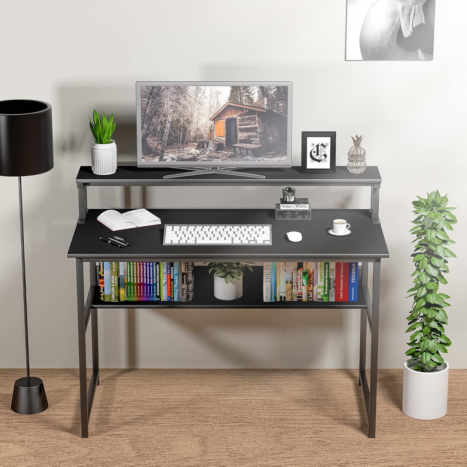 Black Computer Desk with Monitor Shelf, 47 inch Home Office Desk with Bookshelf, Sturdy Heavy Duty Writing Study Table Easy Assemble Laptop Table for Bedroom Dormitory