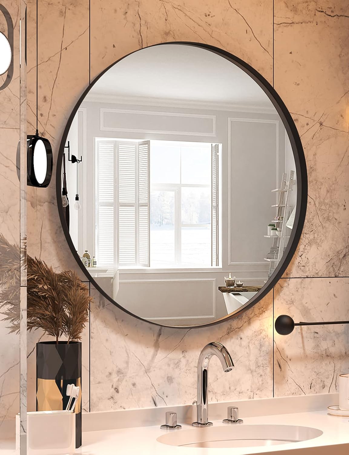 NXHOME Rectangle Metal Frame Wall Mirror for Bathroom 24 x 36 Inch Wall Mounted Vanity Mirror Rounded Corner Black Frame Decorative Mirrors for Living Room