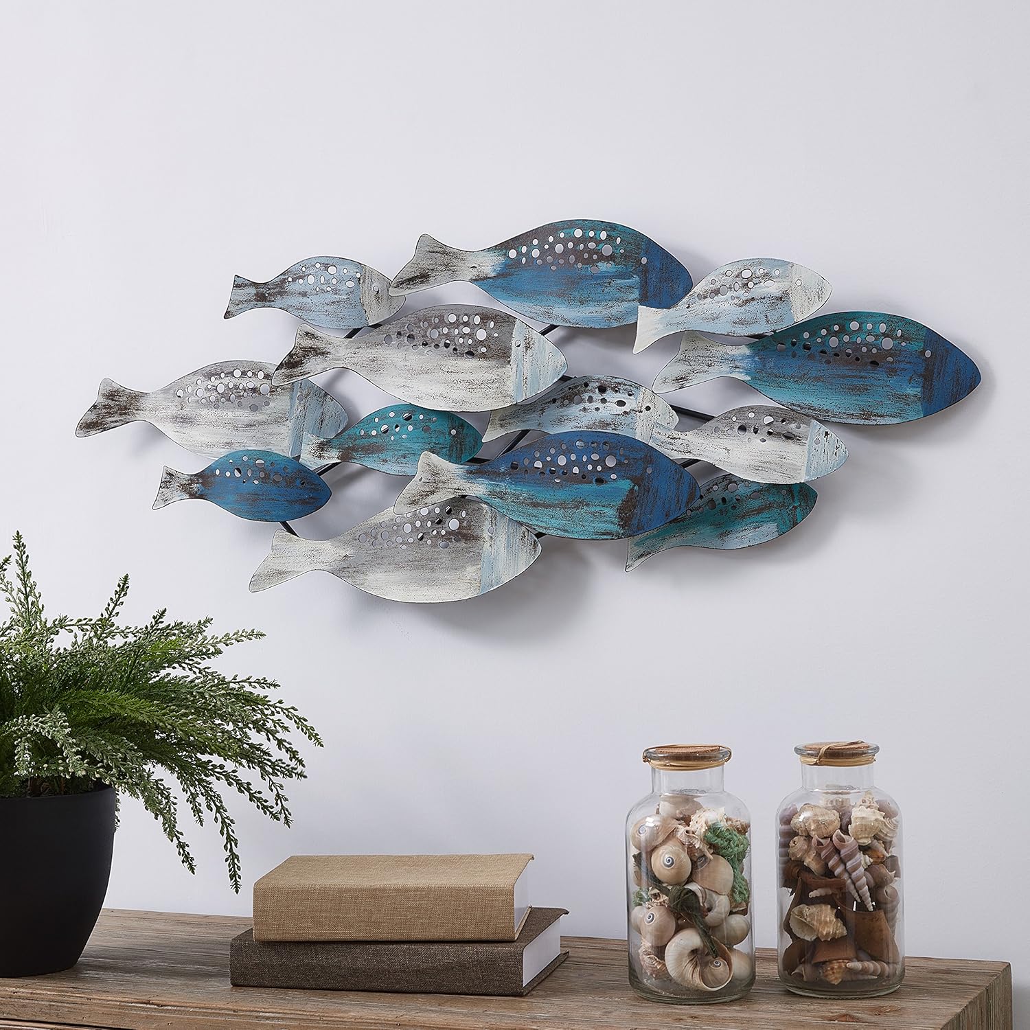 Danya B. School of Fish Modern Metal Wall Art, Perfect for Coastal, Nautical, Beach, or Boat Decor, Collector, Vacation House, Blues and Silver Wall Art