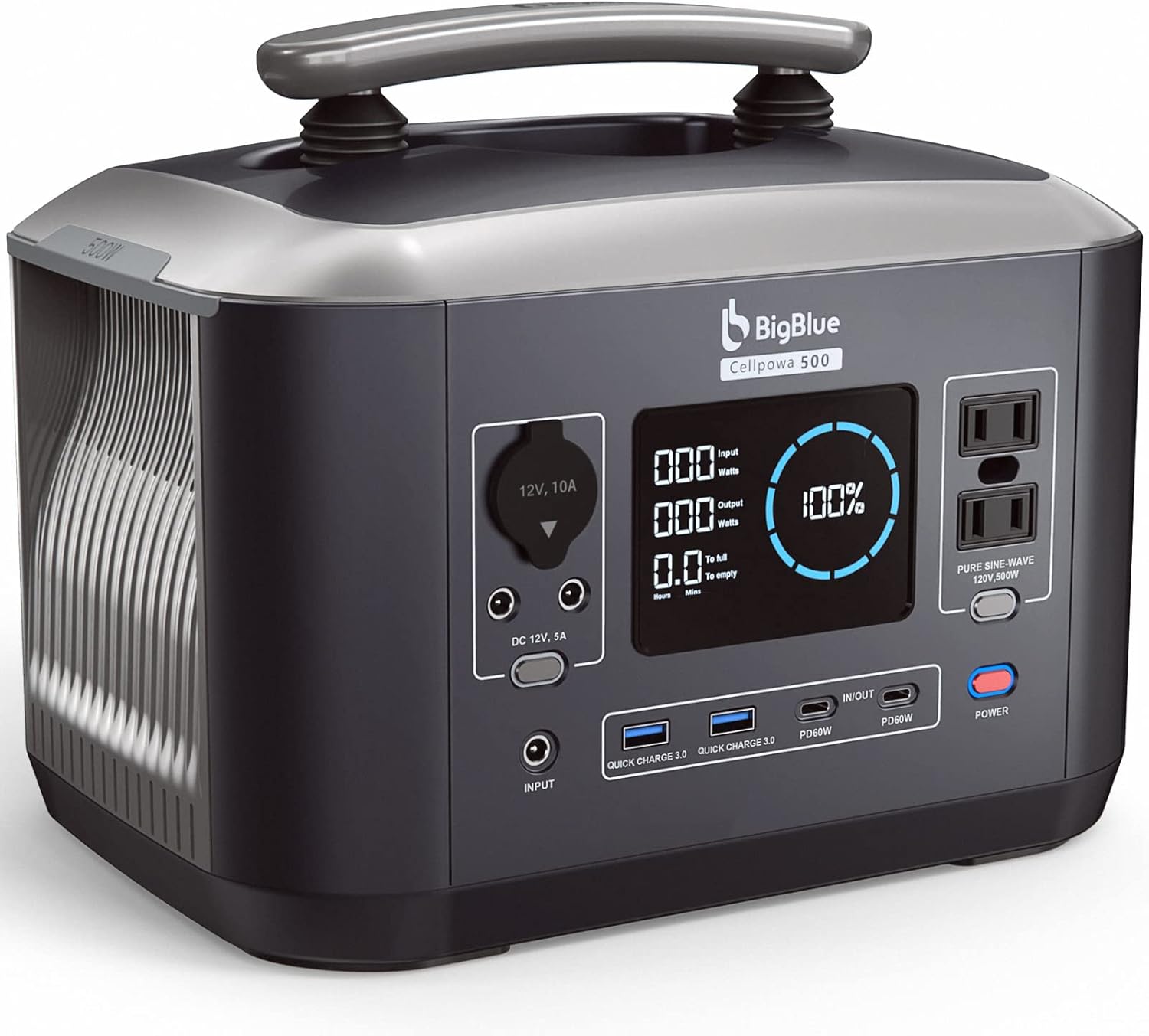 LiFePO4 Power Station 537.6Wh, BigBlue Cellpowa500 Portable Solar Generator with MPPT, Large LCD Screen, 2x500W AC(Peak 1000W)/2DC/2xFast Charge USB/2xPD 60W USB-C, Backup Battery for Home Use,Camping