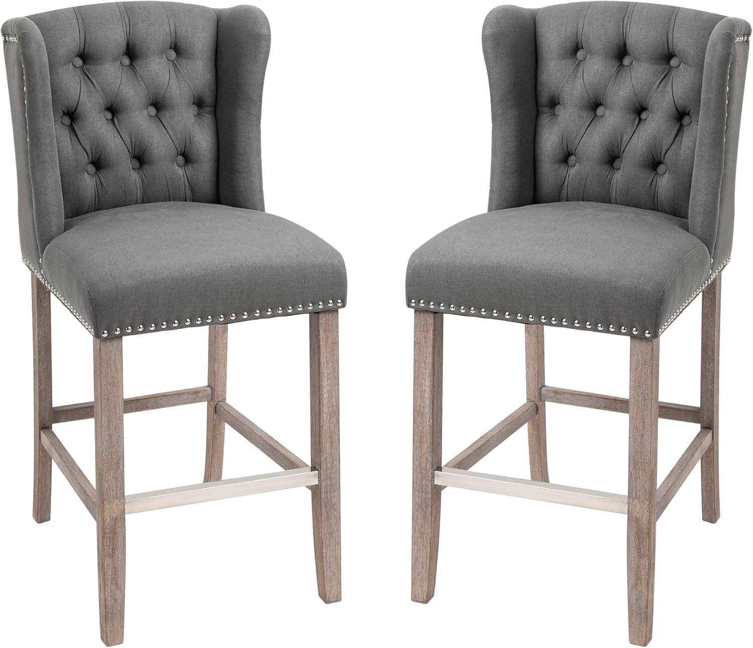 HOMCOM 2 Piece Counter Height Barstools Kitchen Breakfast Stools with Nailhead-Trim and Tufted Back, Solid Wood Legs, Deep Grey