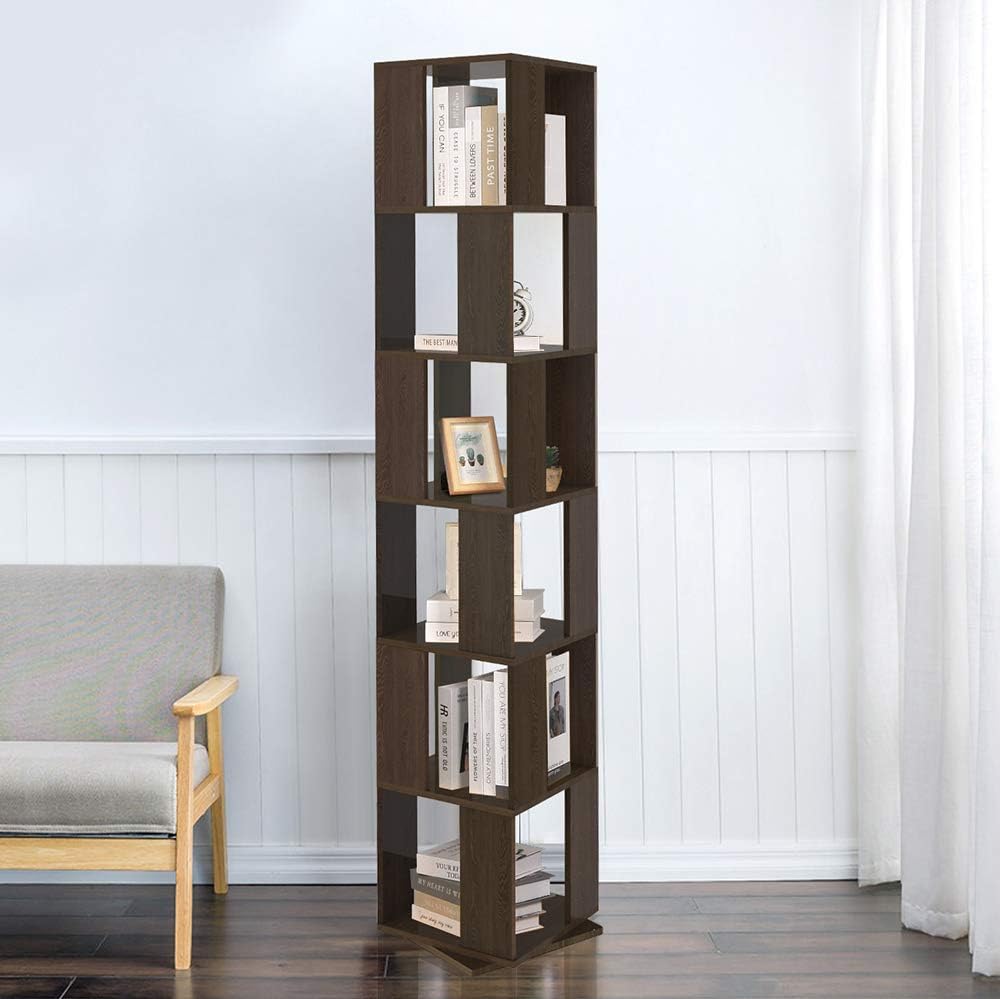 6 Tier Wooden Bookcase Corner Tall Book Shelf Modern 360&deg; Rotating Storage Display Rack Floor Standing Shelves with Open Design Shelving Unit for Home Office Living Room Study, Black Walnut