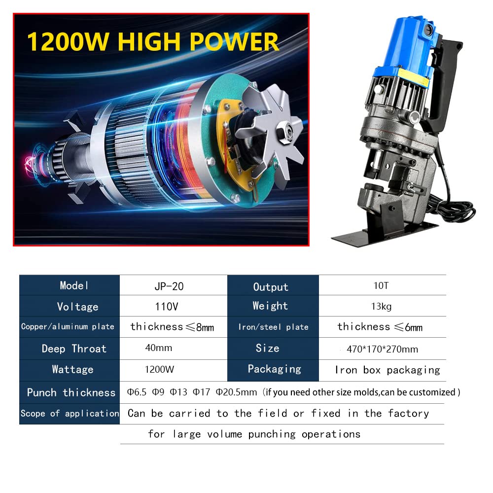 Hydraulic drilling machine cutting thick 1/4 inch, electric hydraulic punching tool with 5 sets of molds, hydraulic metal drilling with manual refueling switch, hydraulic iron plate steel drilling machine 1200W