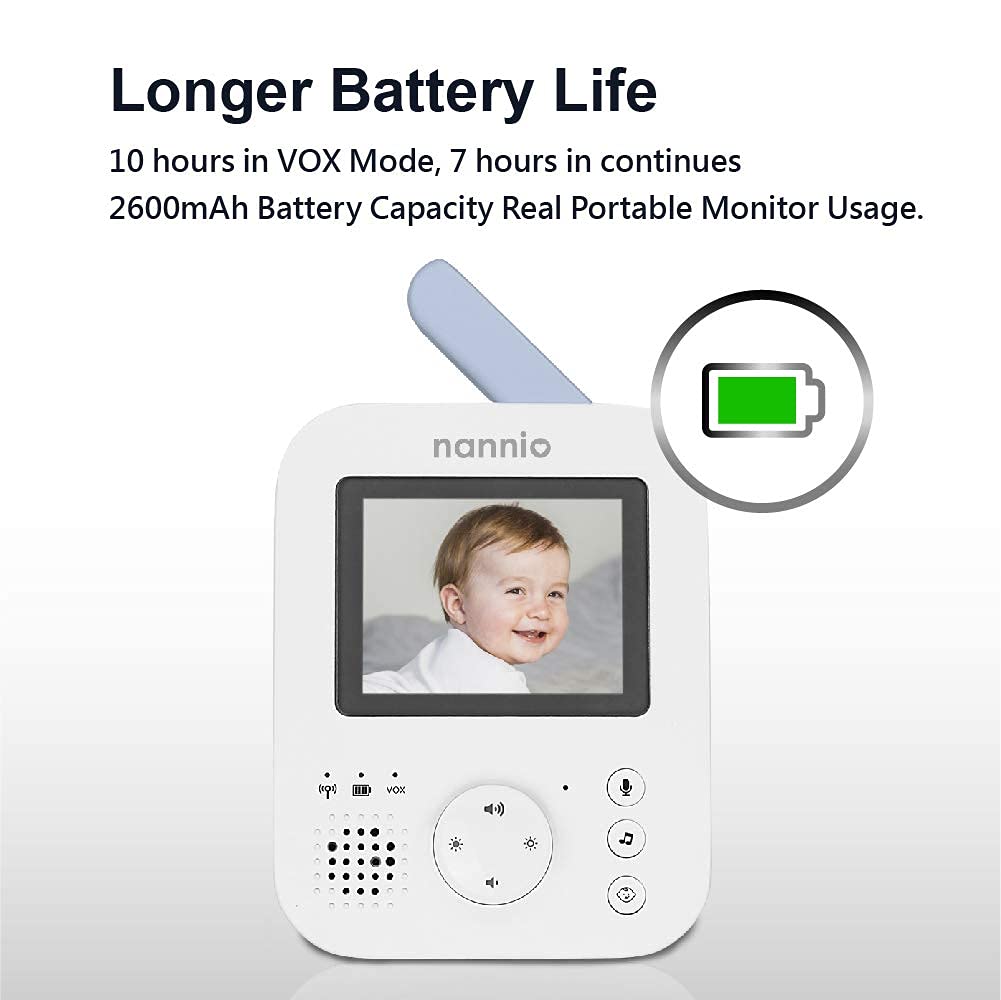 nannio Hero2 Video Baby Monitor with Camera and Audio, Two-Way Talk, Auto Night Vision, Voice Activation (VOX), 5 Lullabies, 985ft Range, Long Battery Life, Plug-and-Play, Non-WiFi, 2 Years Warranty Pack of 2