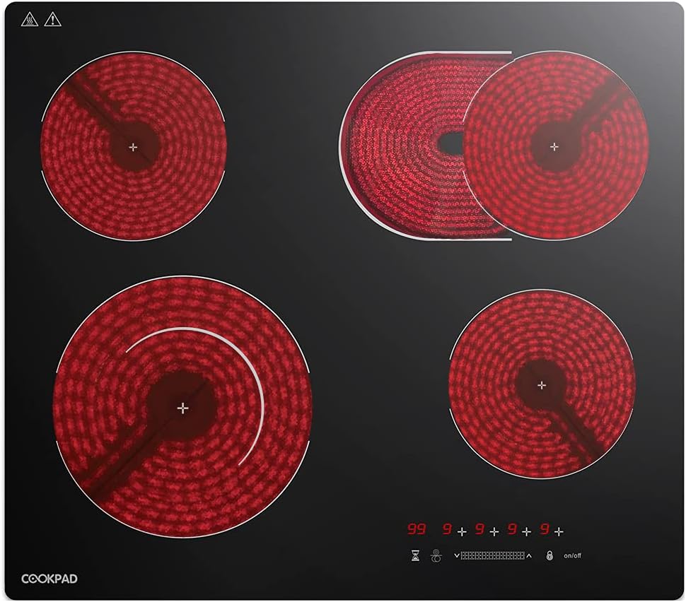 Electric Cooktop 24 Inch 4 Burners, COOKPAD Built-in Electric Stove Top, Smoothtop Hot Plate, 6600W, Black