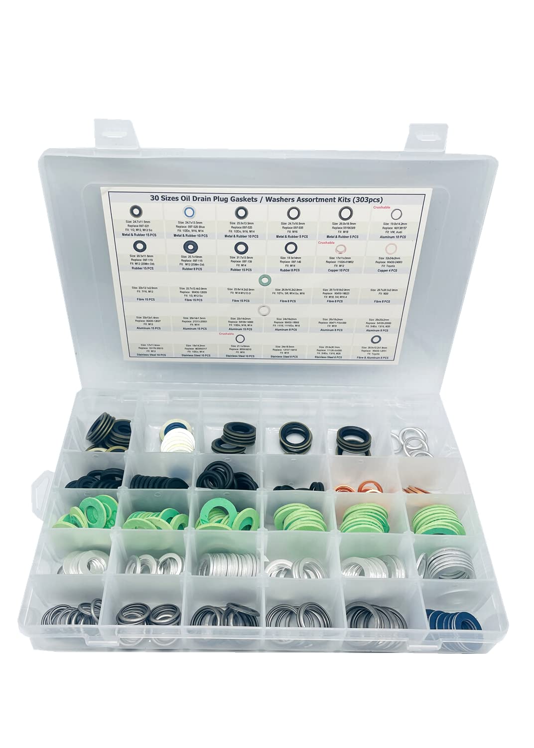 Dsnaduo 303PCS 30 Sizes Engine Oil Drain Plug Gaskets, Washer Assortment Kits Replace 097-119, 097-115, 097-139, 097-021, 097-025, N0138157, 11026-01M02, 90430-24003 Pack of 2