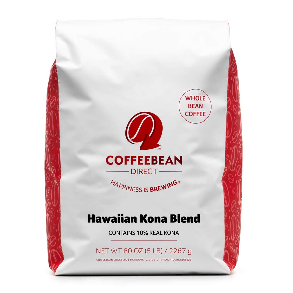 Coffee Bean Direct Hawaiian Kona Blend Coffee, Light Roast, Whole Bean, 5 Pound Pack of 2