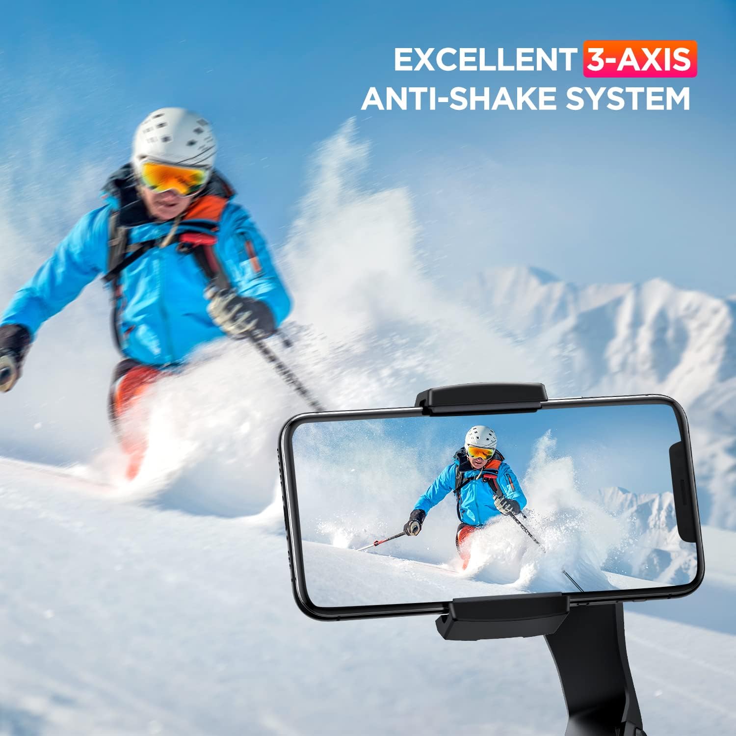 3-Axis Gimbal Stabiliser for Smartphone, Portable and Foldable Stabiliser with Tripod for iOS and Android, OLED Screen, Anti-Shake, AI Tracking, Removable Battery