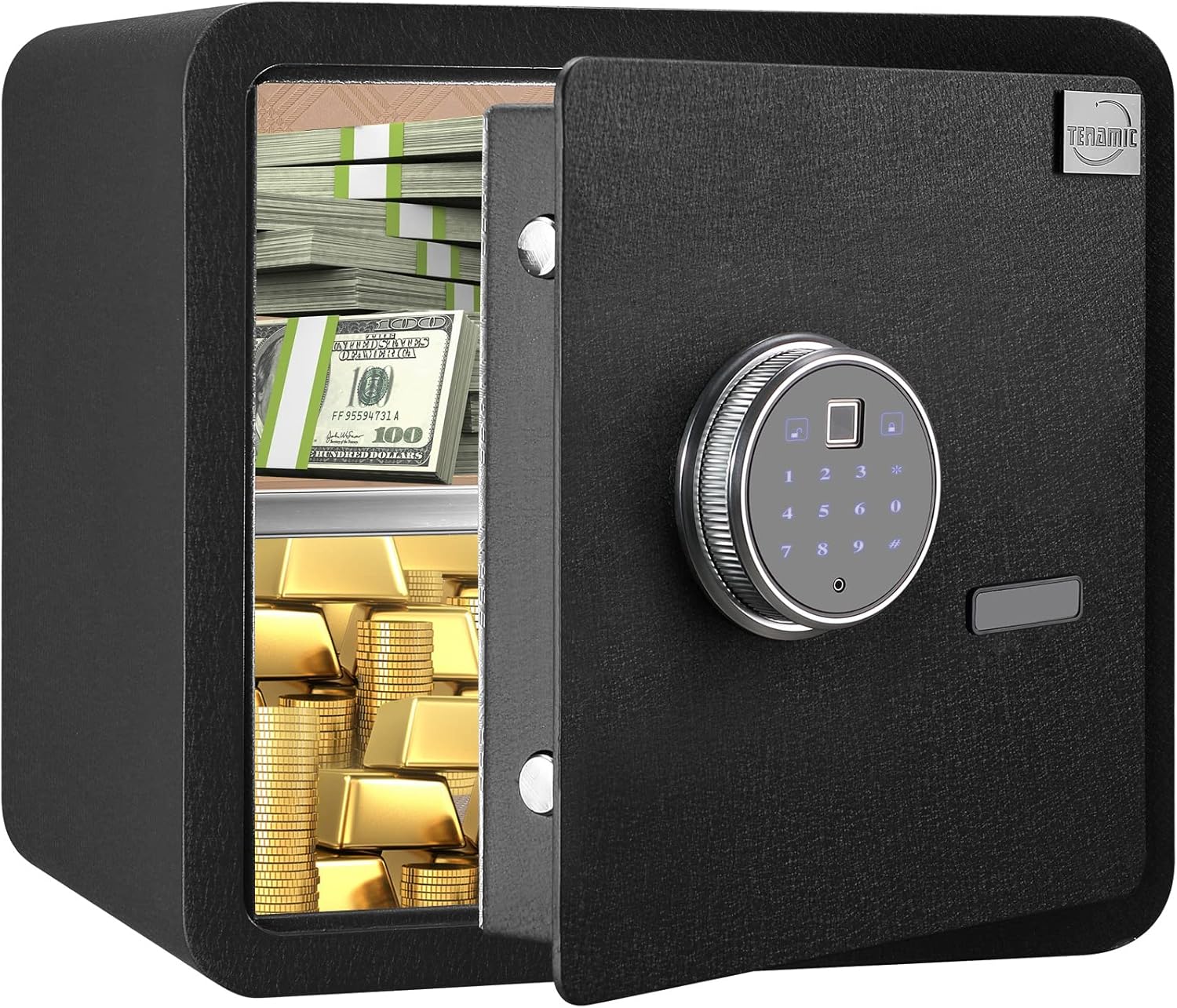 Tenamic Luxury Safe Biometric Fingerprint Safe Box 1.41 Cubic Feet Electronic Touch Screen Keypad Security Box with Induction Light and Leather, Solid Alloy Steel Office Hotel Home Cabinet Safe, Black