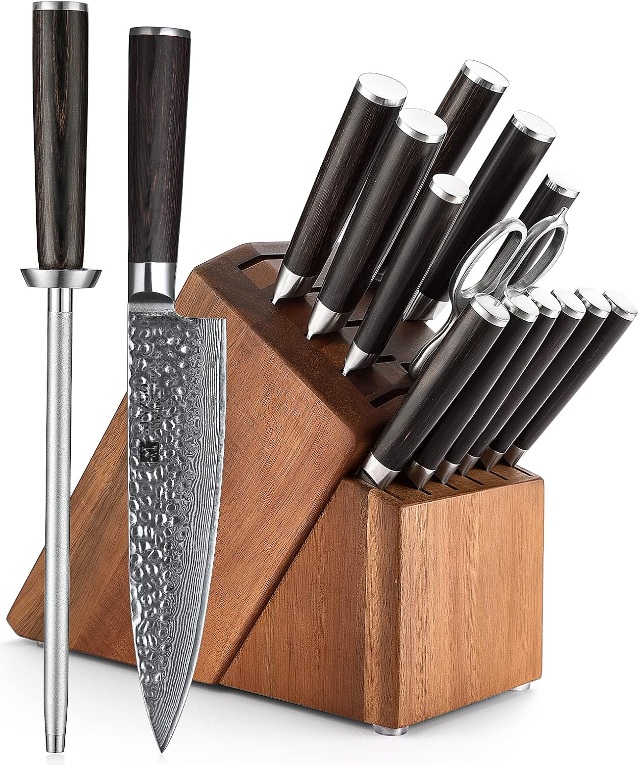 XINZUO Damascus Steel 15Pcs Kitchen Knife Set with Honing Steel and Kitchen Shears, Professional Chef Knife Set with Acacia Wood Block for Kitchen and 6Pcs Steak Knives -Pakkawood Handle