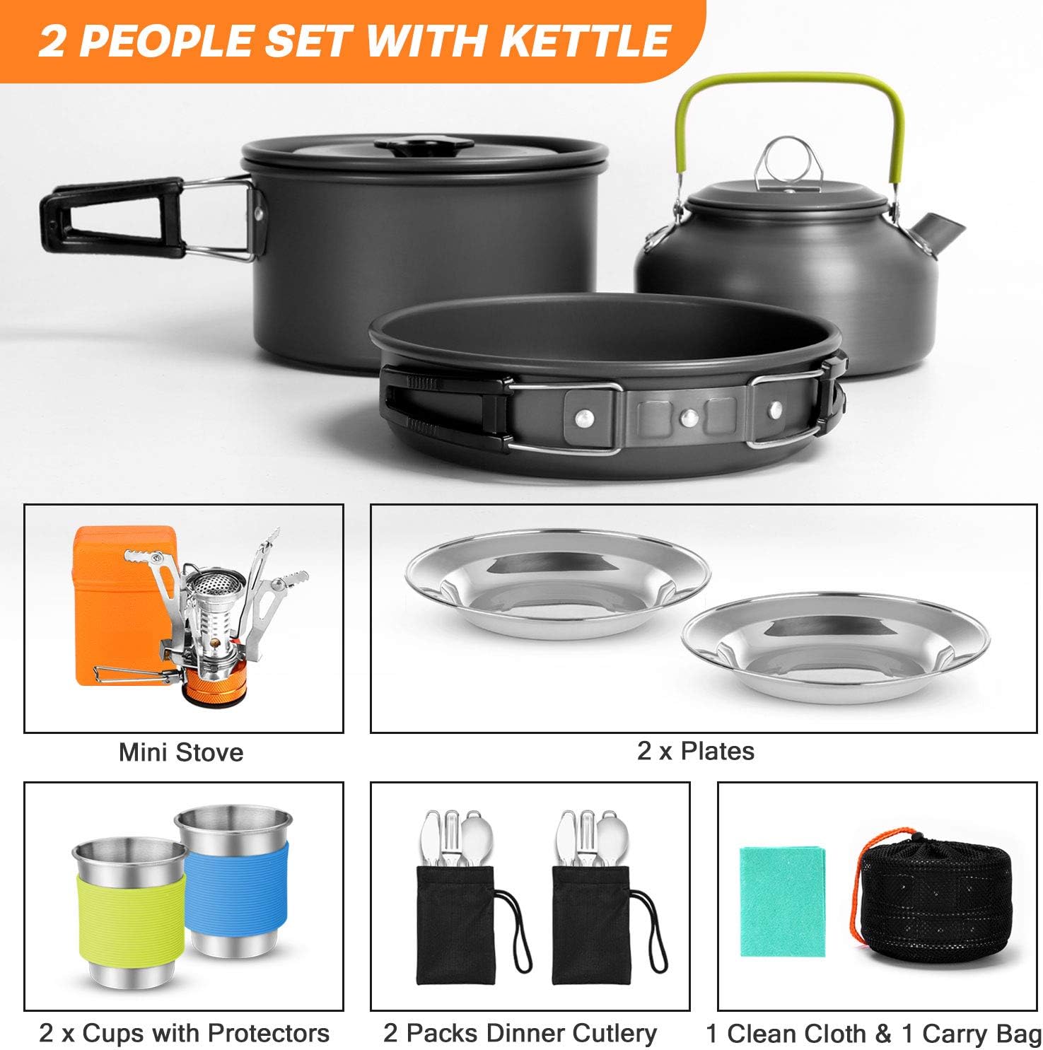 Odoland 16pcs Camping Cookware Set with Folding Camping Stove, Non-Stick Lightweight Pot Pan Kettle Set with Stainless Steel Cups Plates Forks Knives Spoons for Camping Backpacking Outdoor Picnic