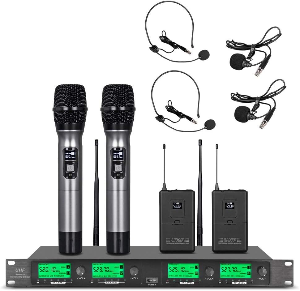 Wireless Microphone System UHF 4 Channel 2 Handheld Mic 2 Headset 2 Lavalier Bodypack 2 Lapel Mic Pro Karaoke System Speaking Conference Wedding Party