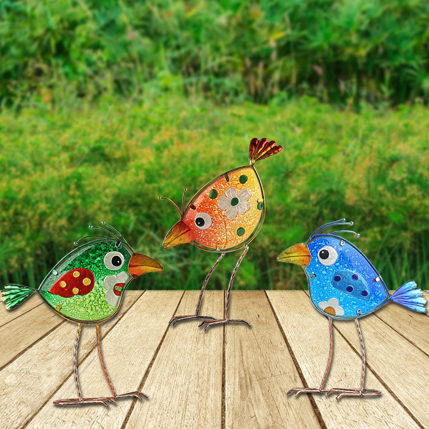 Tfro & Cile Garden Statues Metal Bird Glass Sculptures Decor Standing Art Indoor Outdoor for Backyard Porch Patio Lawn Decorations,Set of 3