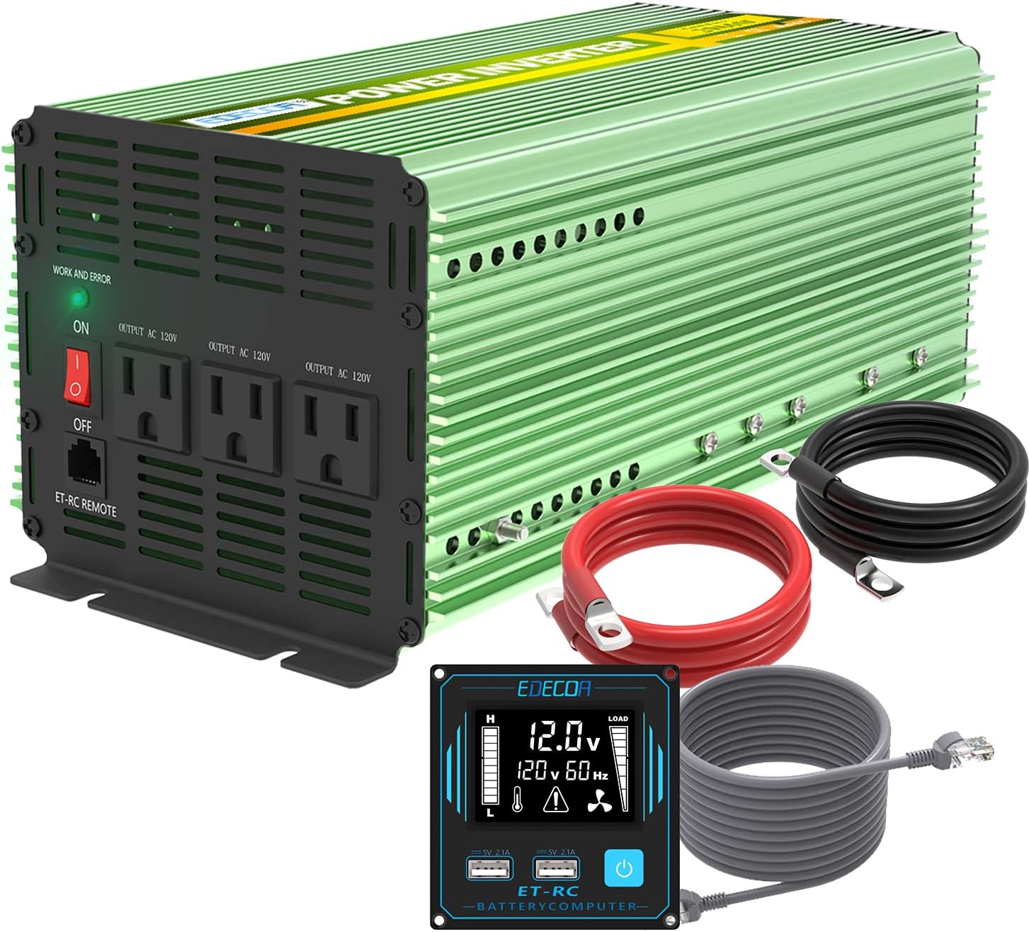 EDECOA 2000 Watt Power Inverter DC 12V to AC 110V 120V with LCD Display and Remote Controller Dual USB (2000W 12V (ET-RC Remote))