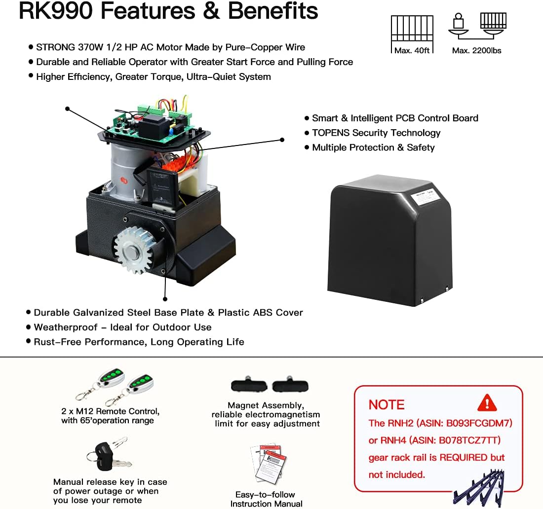 TOPENS RK990 Automatic Sliding Gate Opener Kit Rack Driven Sliding Gate Motor for Heavy Duty Slide Gates Up to 2200 Pounds, Driveway Security Slide Gate Operator