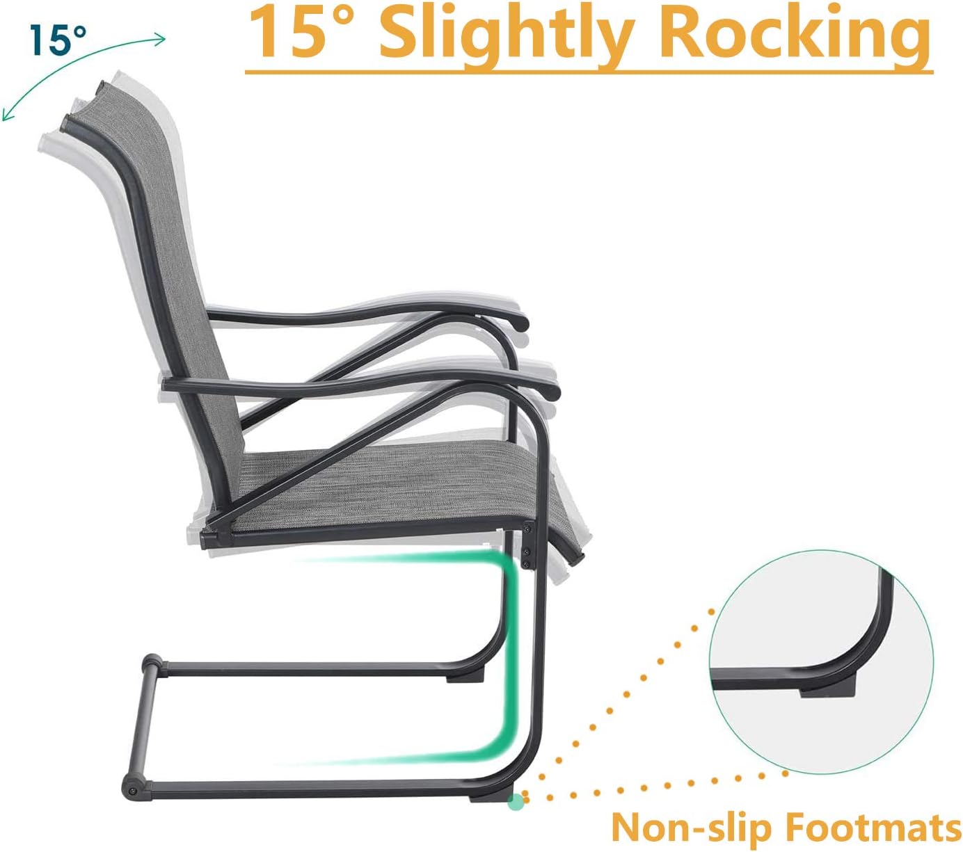 PHI VILLA Patio C Spring Motion Chairs, High Back Metal Fabric Mesh Dining Chair Set for Outdoor, Deck, Porch, Yard - 4 PCS, Grey