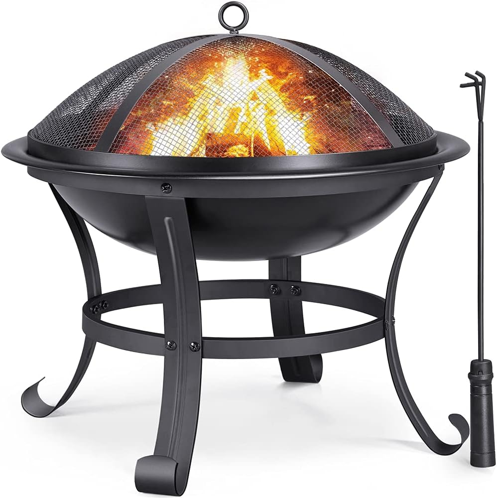 Yaheetech Fire Pit, 22in Fire Pits for Outside Outdoor Wood Burning Firepit BBQ Grill Steel Fire Bowl with Spark Screen Cover, Log Grate, Poker for Camping Beach Bonfire Picnic Backyard Garden