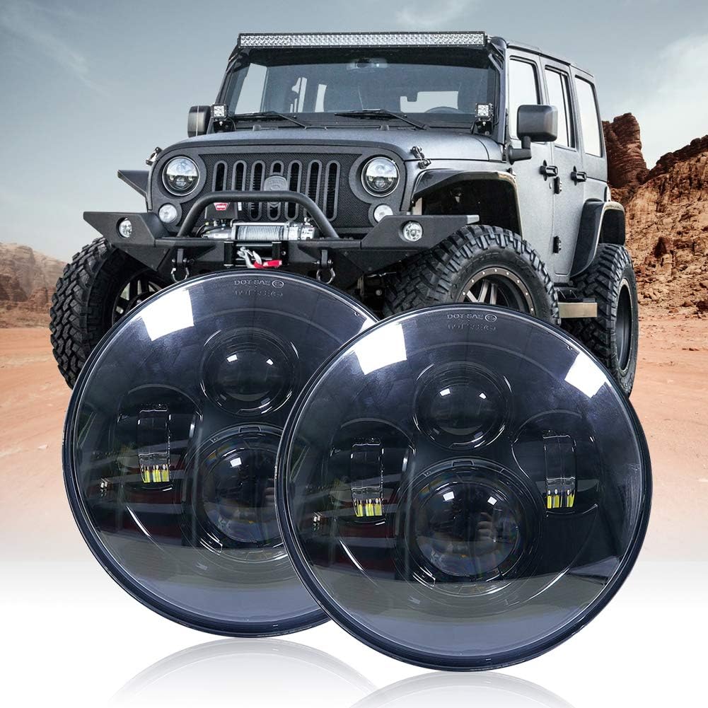 4WDKING 7 Inch LED Round Headlight, Cree H6024 High Low Beam Compatible with Wrangler 97-2017 JK TJ LJ CJ Hummber H1 H2 (Black Pair)