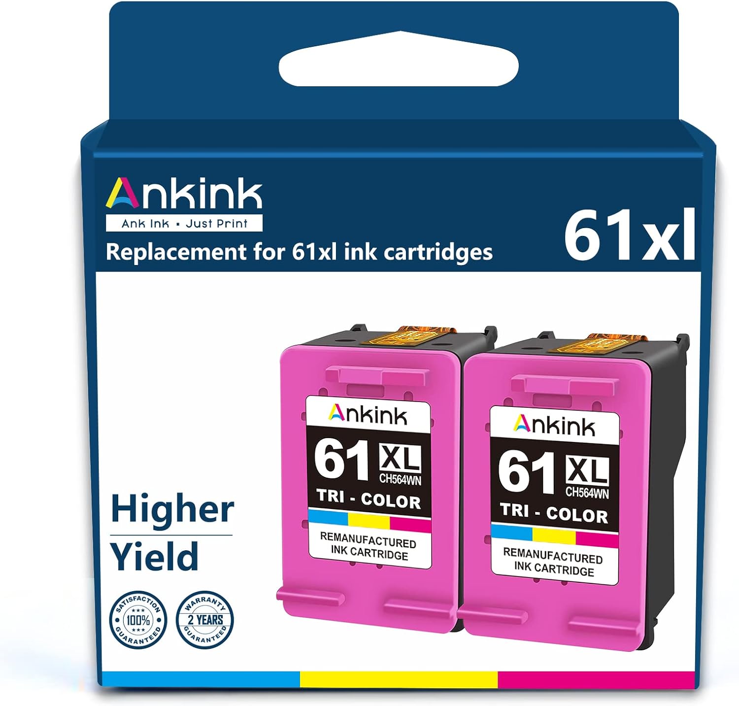 Ankink High Yield Remanufactured Hp 61 XL 61XL Hp61 Ink Cartridges Color Combo Pack for Envy 4500 5530 4502 OfficeJet 4630 4635 Deskjet 2622 1000 2050 Printer(2 Tri-Color), HP61XL Higher Capacity
