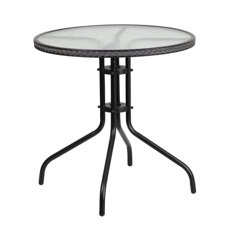 Flash Furniture 28&& Round Glass Metal Table with Gray Rattan Edging and 4 Gray Rattan Stack Chairs