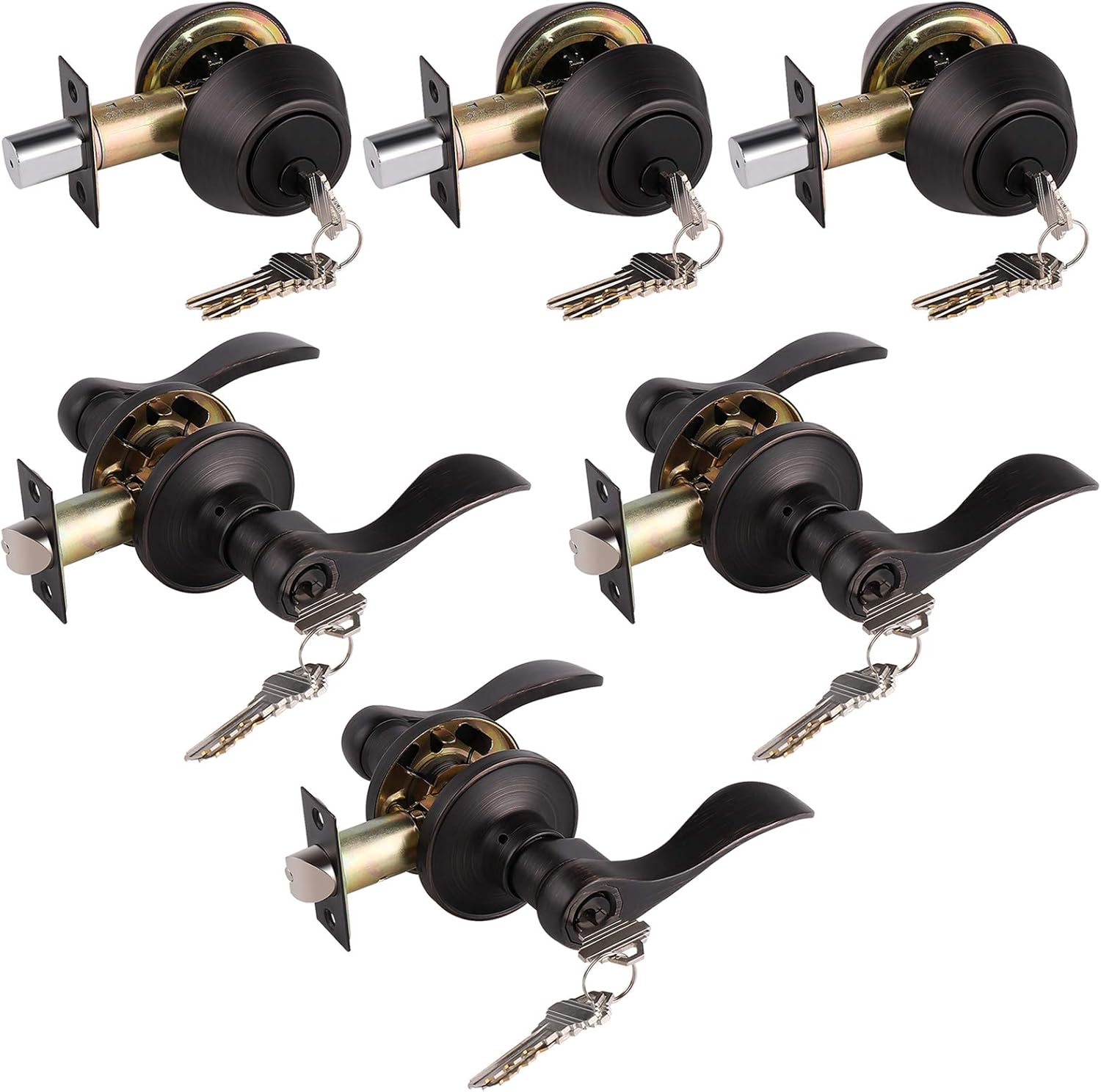 Wave Entry Door Levers and Double Cylinder Deadbolt Combination Lockset,Satin Nickel Finished, Keyed Alike Entrance Door Locks,Universal for Right and Left Handed Doors,3Pack