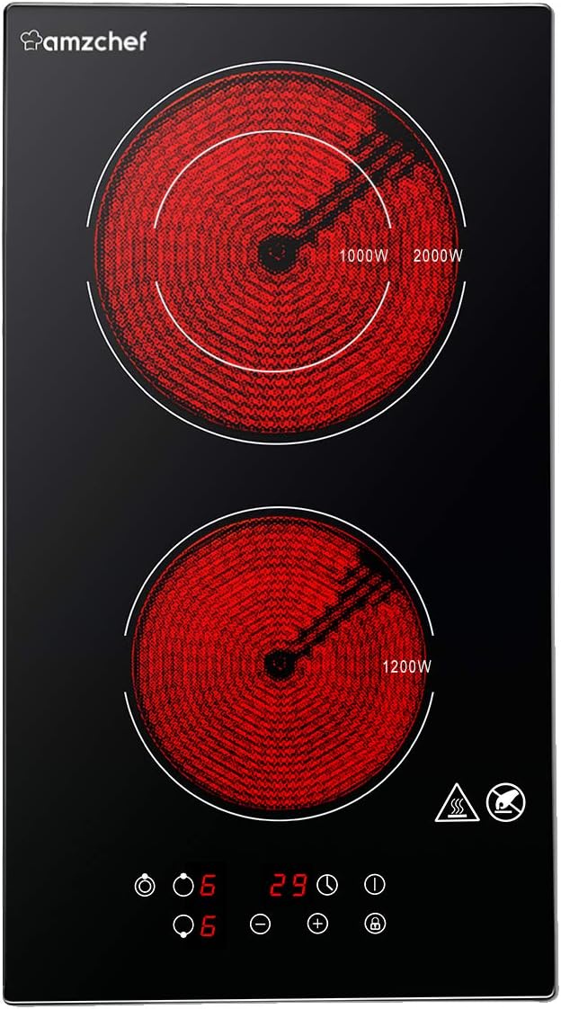 Electric Cooktop 2 Burner, AMZCHEF 12 Inch Built-in Electric Ceramic Cooktop with Dual Zone(1000W&2000W), 9 Heating Level, 3-Hour Timer, 240V, Child Safety Lock, 3200W, Polished Crystal Glass Surface