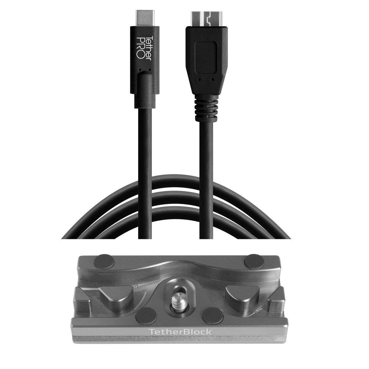 Tether Tools TetherBLOCK QR Plus Quick Release Plate with TetherPro 15& USB-C to Micro-USB 3.0 Type-B Cable, Black