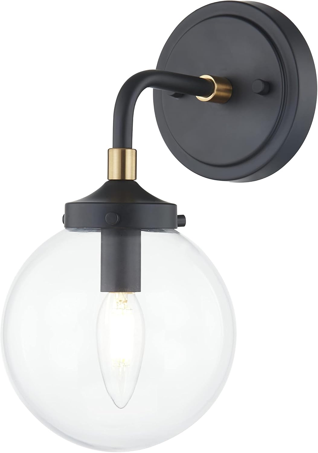 Glassland Vanity Lighting Fixture, 1 Light Wall Light in Black and Satin Brass with Clear Glass, The Vanity Lights Fixture and Globe Wall Sconce Perfect for Any Interior Spaces. UL Listed.