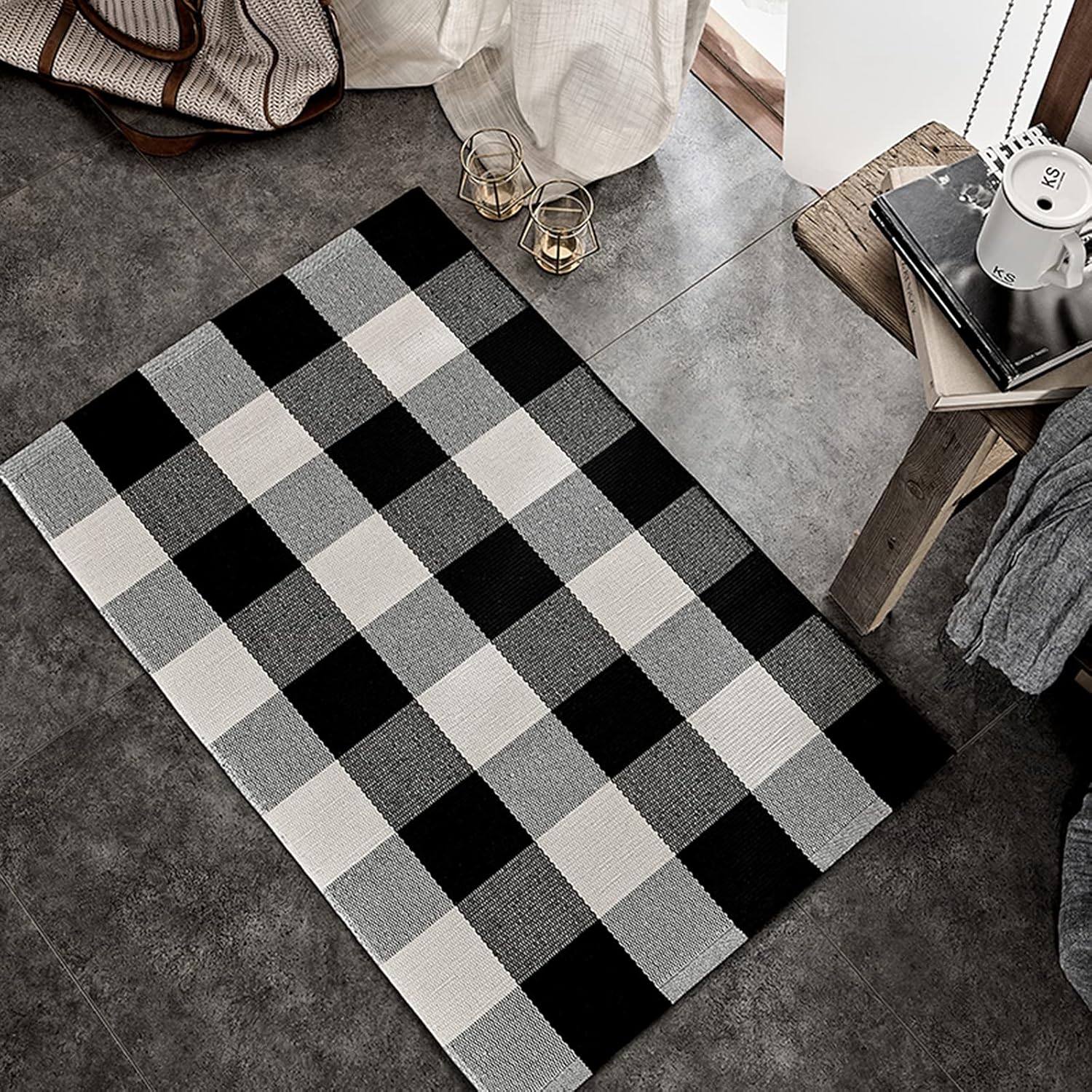 SEEKSEE Buffalo Plaid Outdoor Rug 5x8' Checkered Large Area Rug Black and White Runner Rug Washable Cotton Boho Bedroom Rug for Kitchen Entryway Hallway Front Door Farmhouse Living Room Playroom