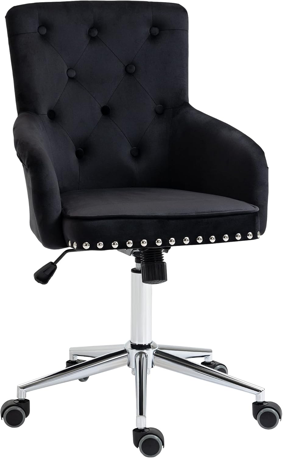 HOMCOM Modern Mid-Back Desk Chair with Nailhead Trim, Swivel Home Office Chair with Button Tufted Velvet Back, Adjustable Height, Curved Padded Armrests and Rocking Function, Black