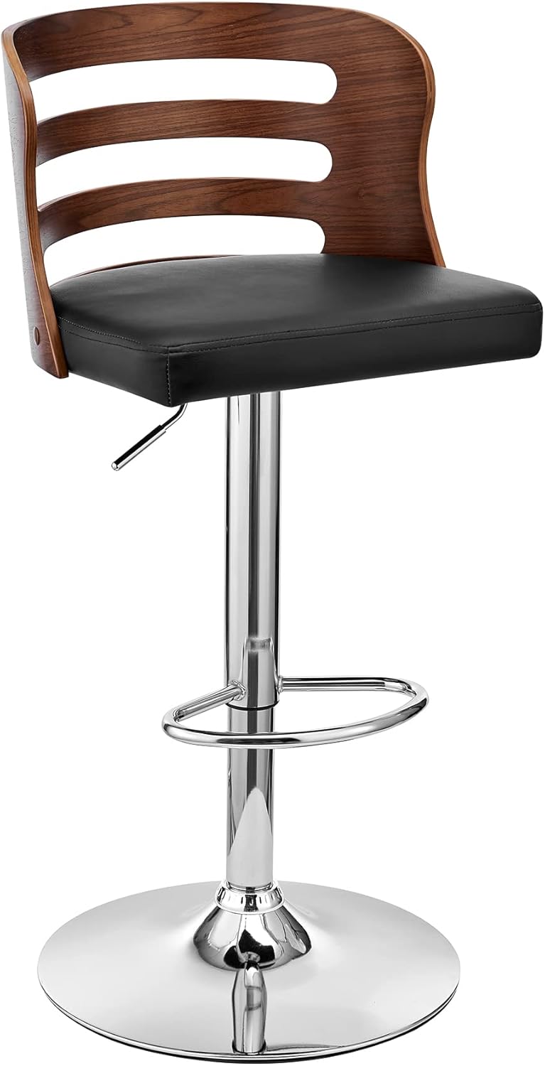 Khalia Adjustable Swivel Black Faux Leather and Walnut Wood Bar Stool with Chrome Base