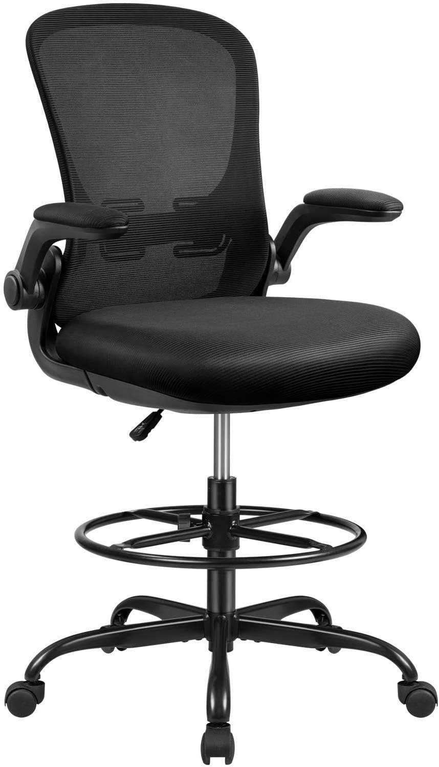 Jummico Office Drafting Chair Tall Office Chair with Footrest Ring Flip Up Arms Mesh Ergonomic Office Chair with Back and Lumbar Support Standing Desk Chair Swivel Chair