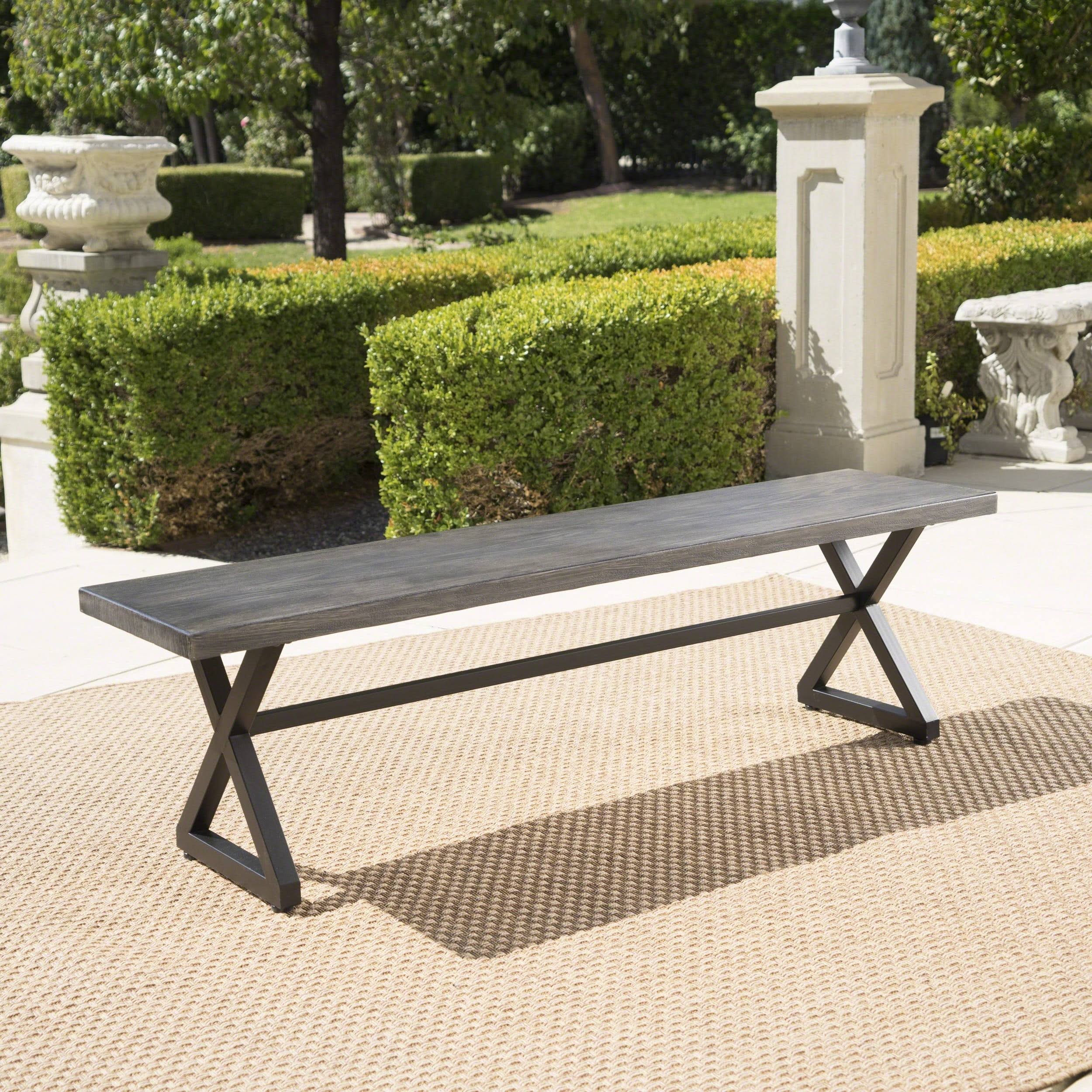 Rosarito Outdoor Aluminum Dining Bench with Black Steel Frame - Gray