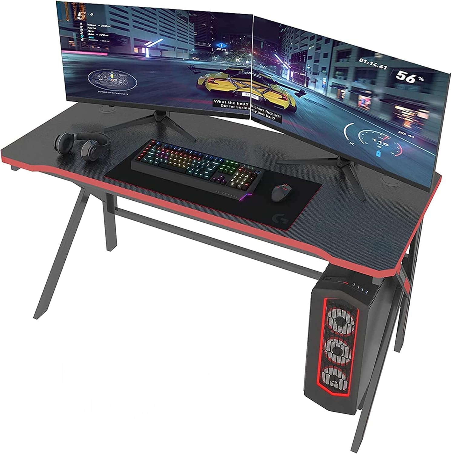 Gaming Desk with Mouse Pad, Arespark 140cm(55inch) Ergonomic PC Gaming Desk, Pro Home Office Desktop K-Shaped Computer Gamer Tables with Carbon Fiber Surface, Gamer Workstation Table Gamer Gift