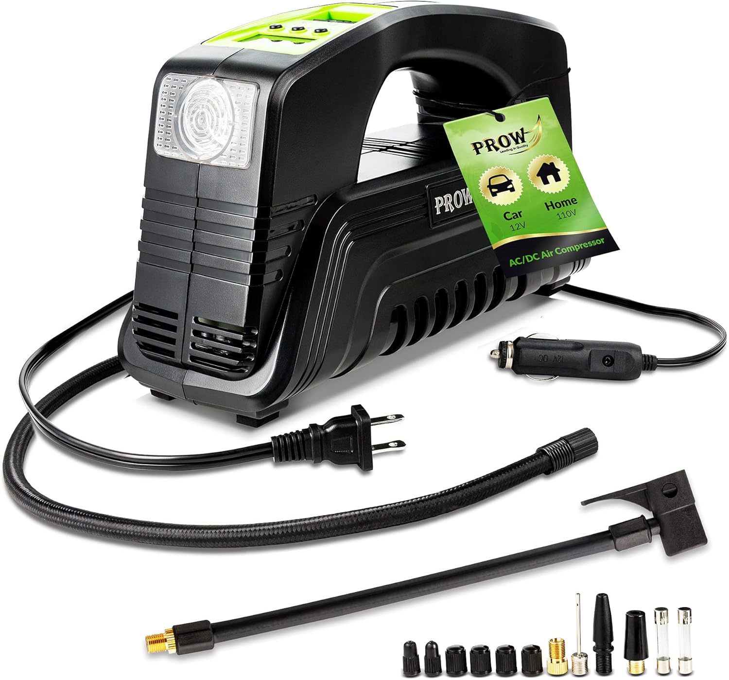 PROW Tire Air Compressor Tire Inflator AC/DC Portable for Car 12V, 110V, Upscale, with Digital Pressure Gauge, Air Pump for Car Tires, Motorcycle, Bike, Basketball PRO Model (Green, Compact)