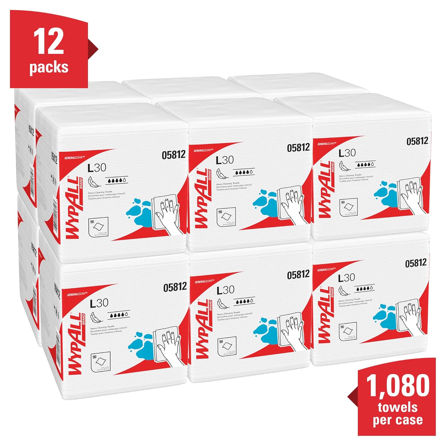 WypAll General Clean L30 Heavy Duty Cleaning Towels (05812), Strong and Soft Wipes, White, 12 Packs / Case, 90 Towels / Pack Pack of 2