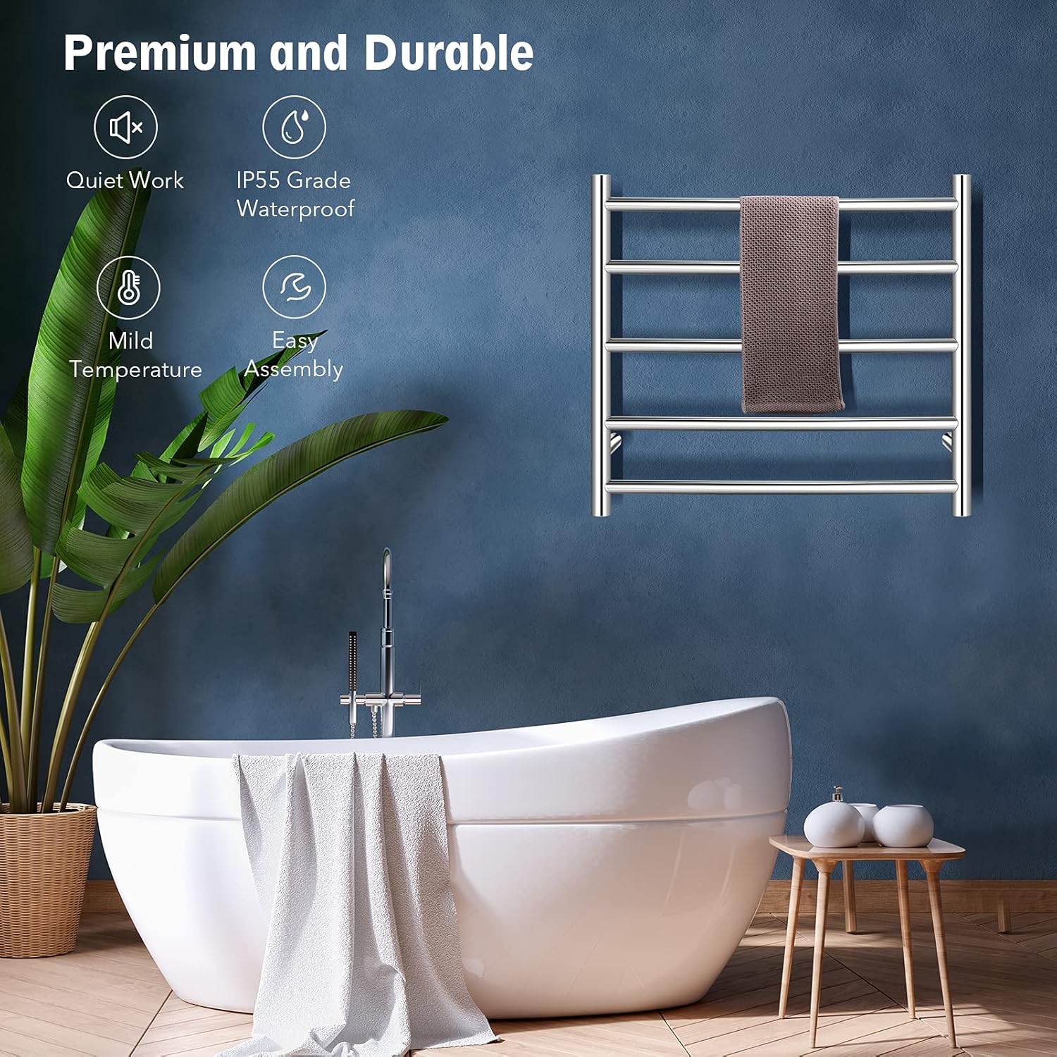 Tangkula Towel Warmer, Wall Mounted Curved Towel Drying Rack, Electric Heated 5 Bars Towel Warmer Rack, Polished 304 Stainless Steel Plug-in Heated Towel Rack for Bathroom, 24.5”L x 6”W x 22”H
