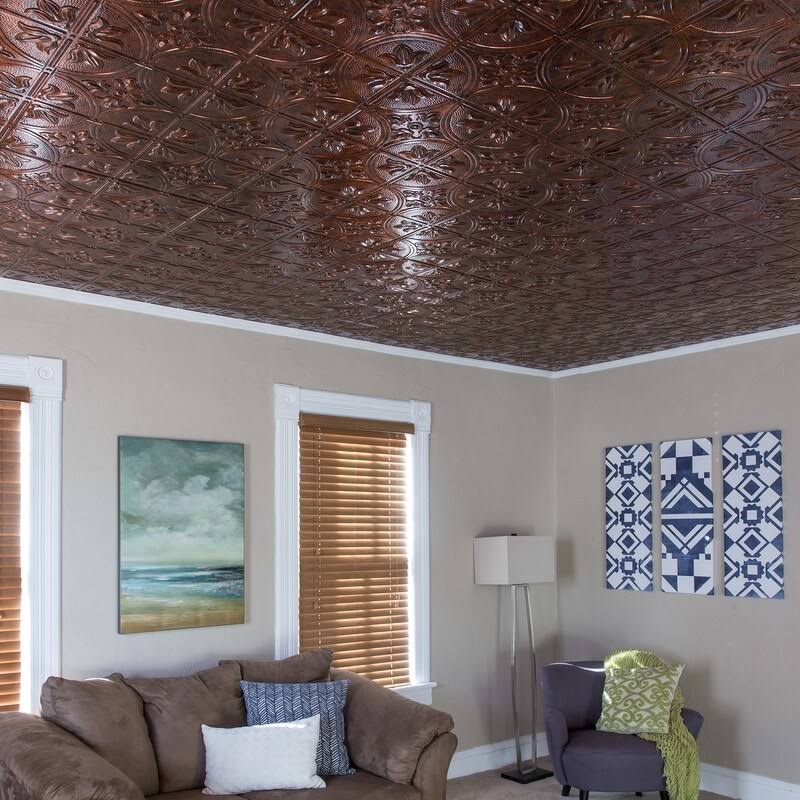 Fasade Traditional Pattern/Style #2 Decorative Vinyl 2ft x 4ft Glue Up Ceiling Tile in Moonstone Copper (5 Pack)