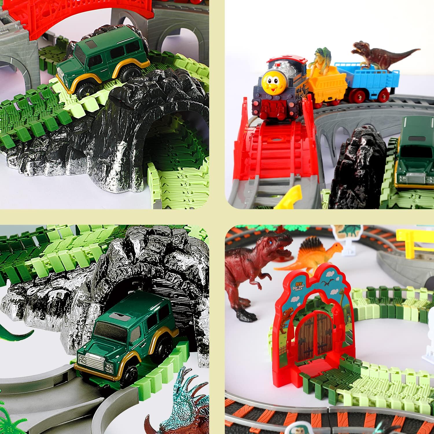 2022 Dinosaur Toys and Electric Train Sets, 259 Pcs Dinosaur World Road Race Toy with 8 Dino, 1 Train, 1 Race Car, Lights& Sound, Cargo Cars& Tracks, Gift for Kids Ages 3 4 5 6 7+ Year Old Boys Girls
