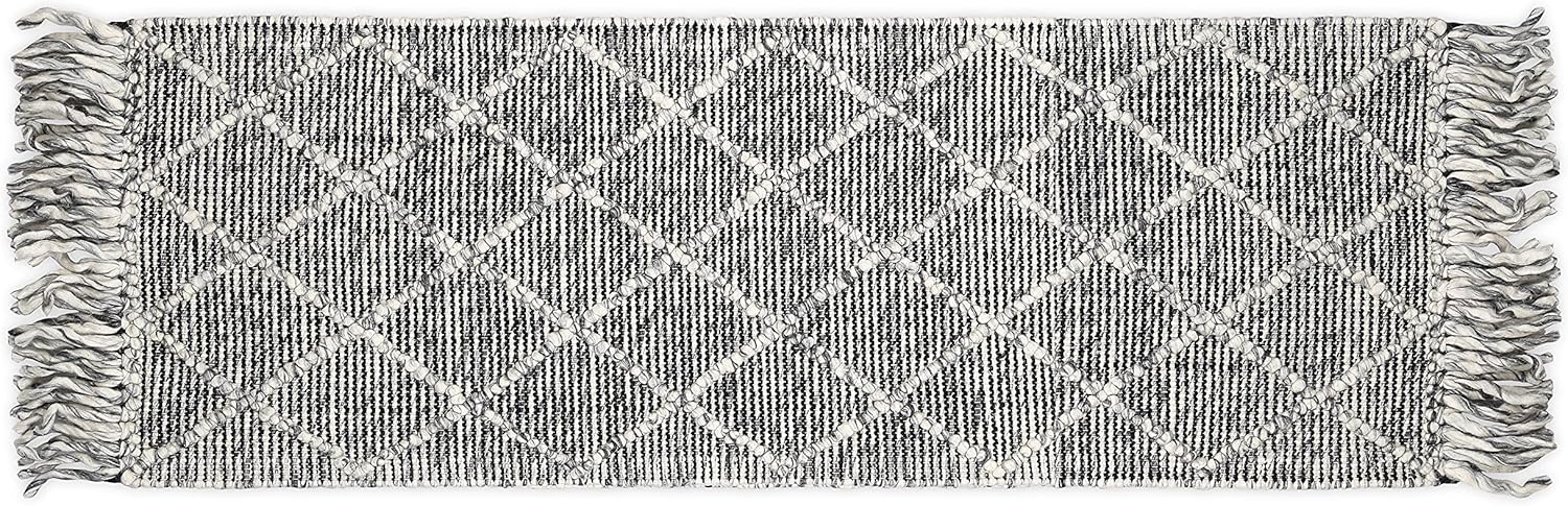 SAVON Hand Woven Wool Area Rug 6x2 Woven Black and Gray Diamonds Harlequin Frills