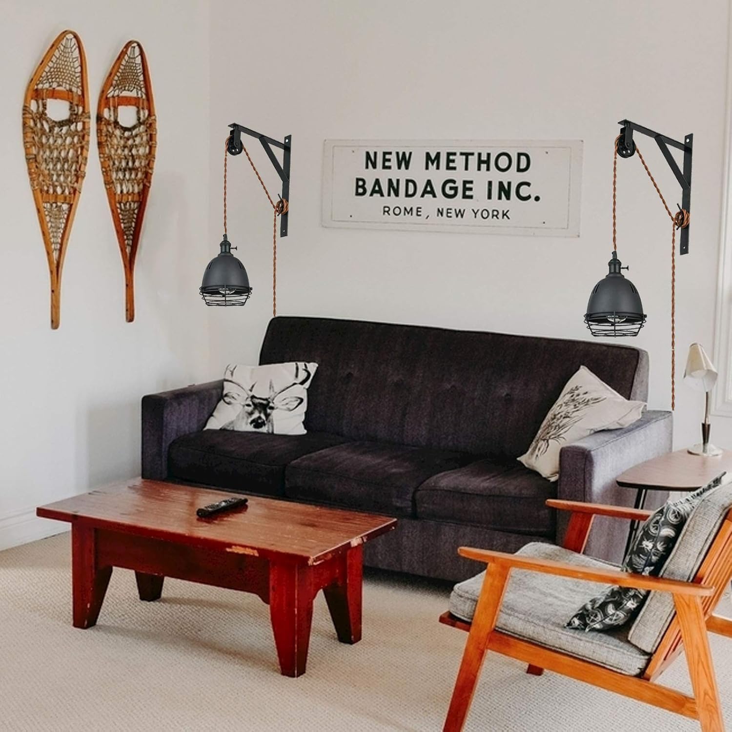 SEEBLEN Vintage Design Industrial Wheel Farmhouse Wall Mount Set of 2 ,Pulley Wall Pendant Lamp with 15-Foot Brown Plug and Switch , Adjustable Wall Sconce Sand Black Iron Cage Wall Light