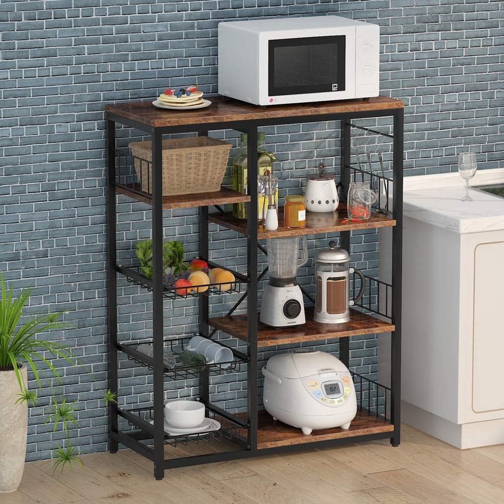 Baker's Rack, Corner Storage Shelf with 3 Mesh Baskets and 6 Hooks, Microwave Stand Kitchen Storage Rack (Rustic Brown)