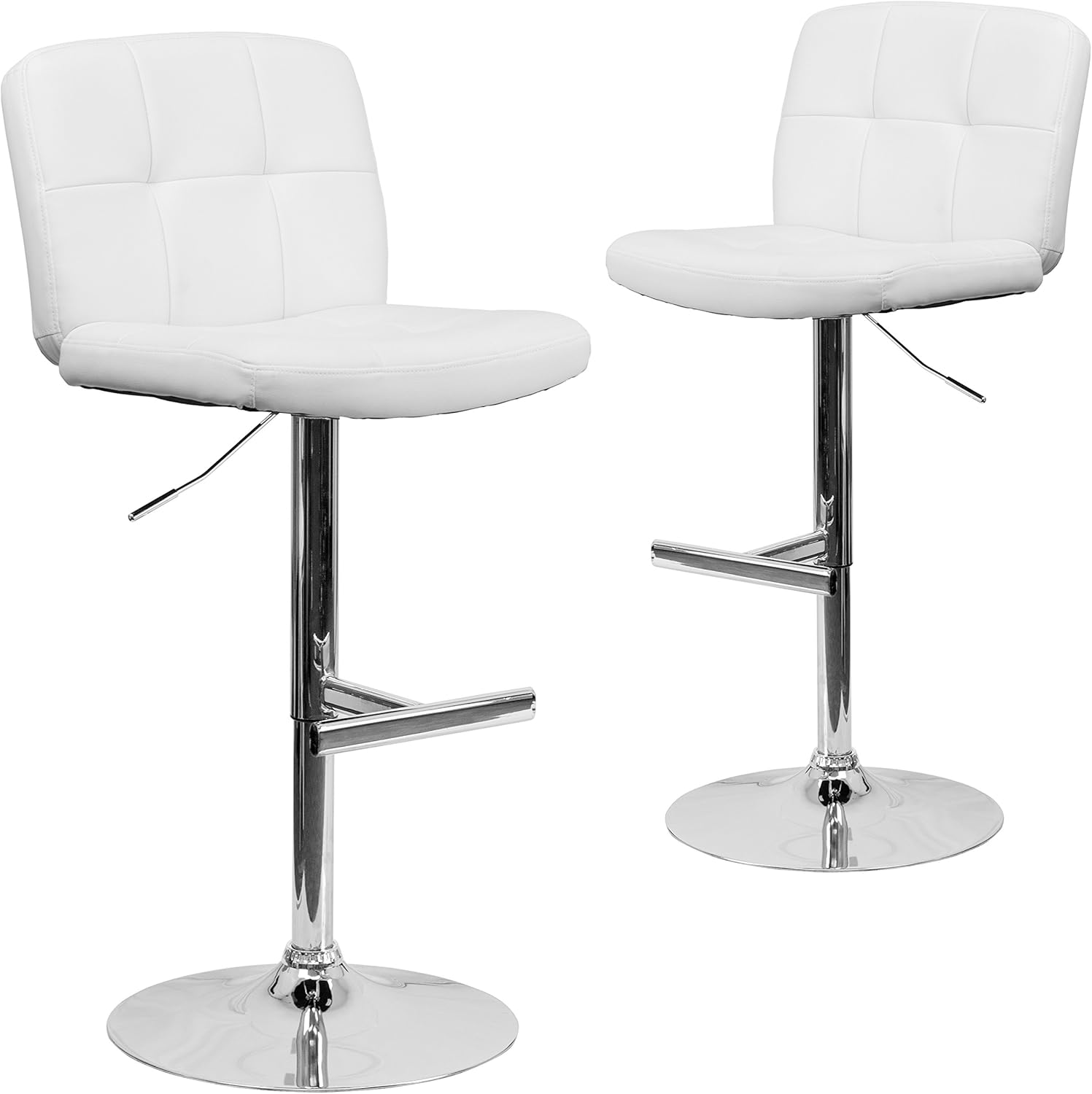 Flash Furniture 2 Pk. Contemporary White Vinyl Adjustable Height Barstool with Square Tufted Back and Chrome Base