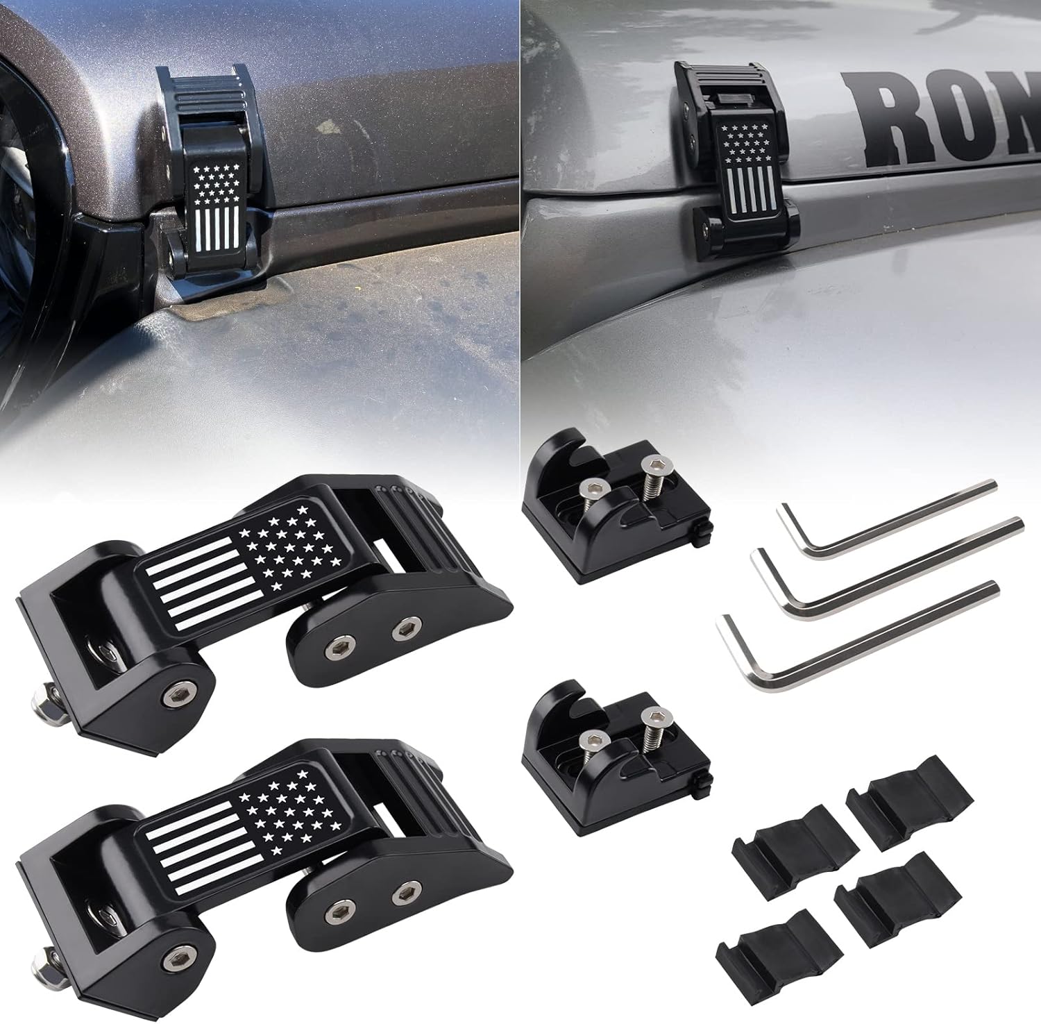 MEALAM Hood Latches Catch Kit for 2007-2018 Jeep Wrangler JK JKU & 2018-2021 Jeep Wrangler JL JLU Gladiator JT, Black Locking Hood with U.S. Flag Pattern Accessories (Black)