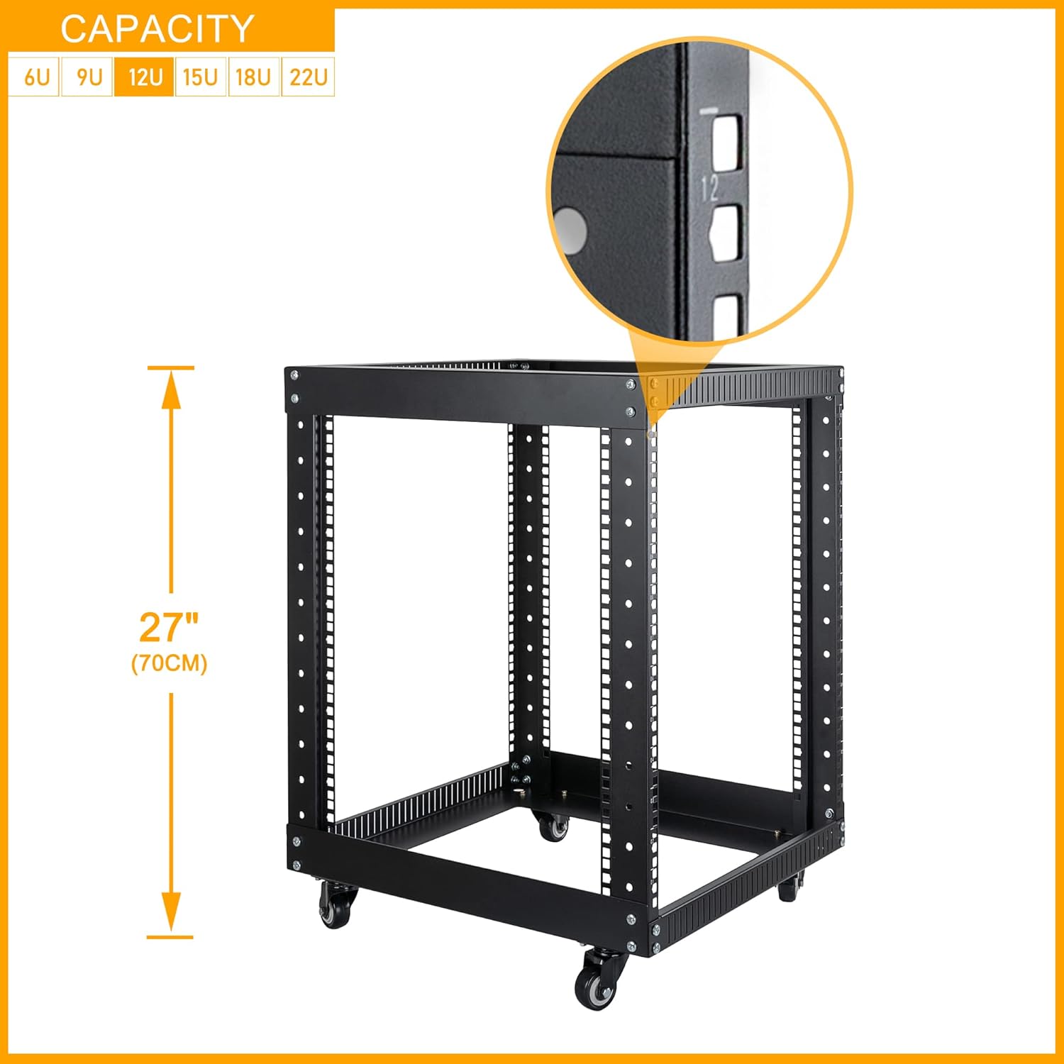 12U Server Rack Open Frame with Casters-RIVECO 4 Post Quick Assembly 19-inch, Data Rack Network Shelf Cabinet Heavy Duty Black