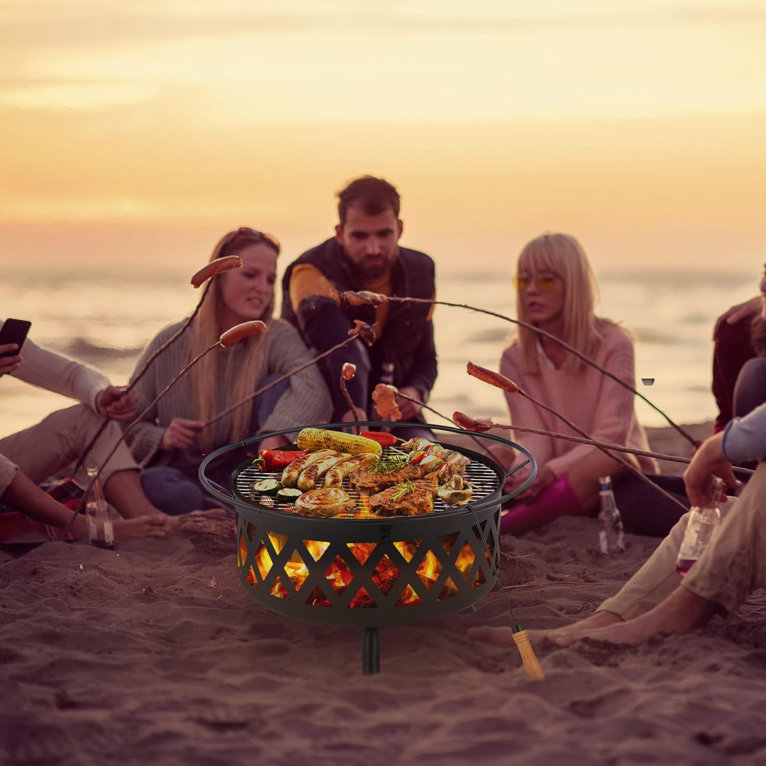 CO-Z 30-Inch Outdoor Fire Pit, Large Round Wood Burning Fire Pit, Cross Weave Portable Fire Pit for Outside Patio Backyard Camping Bonfire More with BBQ Grill, Screen, Poker, Waterproof Cover