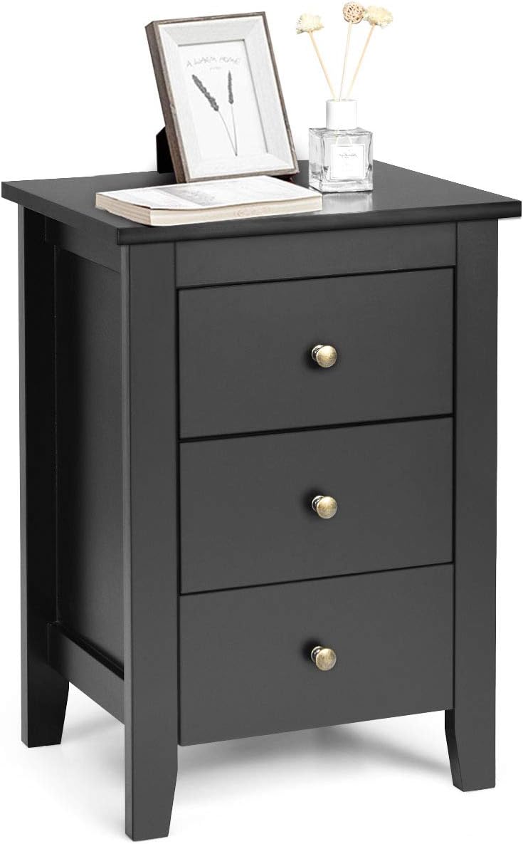 Safeplus Nightstand, Side Table with 3 Drawers, Bedroom Side Storage Cabinet Wooden End Table Accent Table Solid Wood Legs (Black, 1 Pic)
