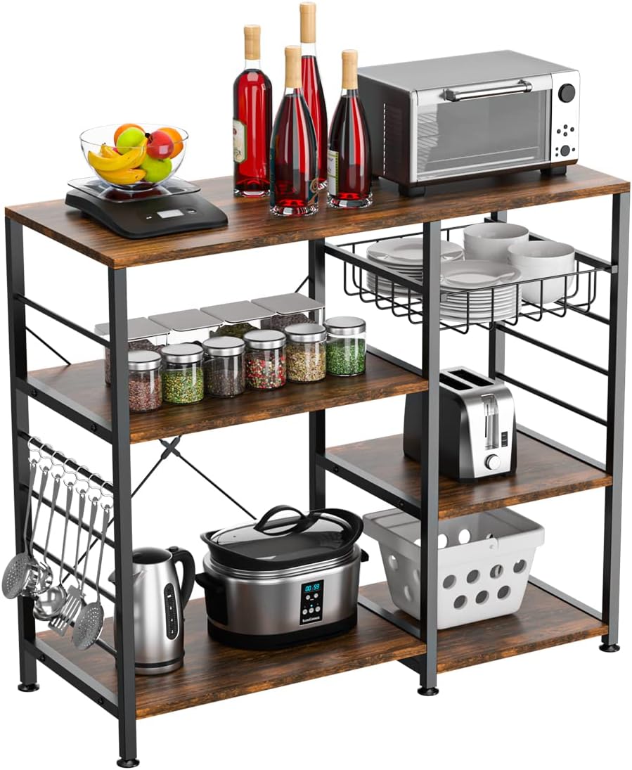 Meigar Industrial Kitchen Baker's Rack Utility Storage Shelf, Coffee Bar with Wire Basket 7 Hooks Microwave Oven Stand Metal Frame Wood Look,Rustic Brown