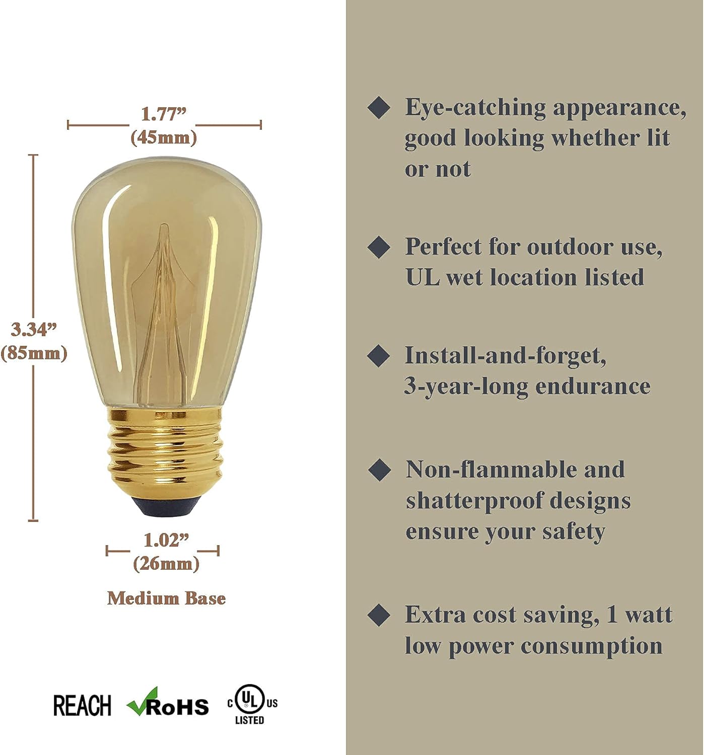 Vintage Style Edison S14 LED Bulb, Amber Warm 2200K, Outdoor Waterproof Shatterproof, 1 W Low Wattage (10W Equivalent), E26 Medium Base, 25 Pack